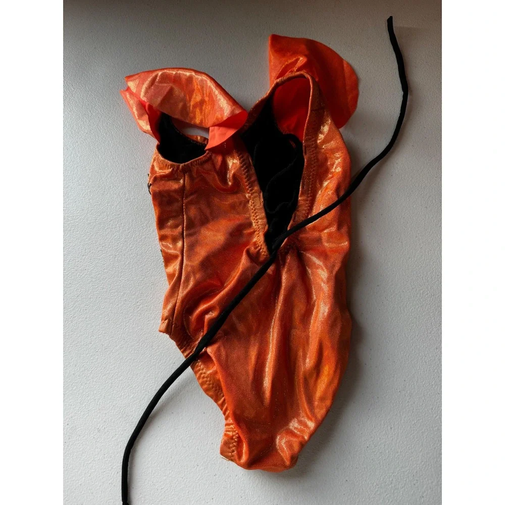 Katie Kat Designs Girls Orange Metallic Sequin Pumpkin Leotard Halloween Ruffle